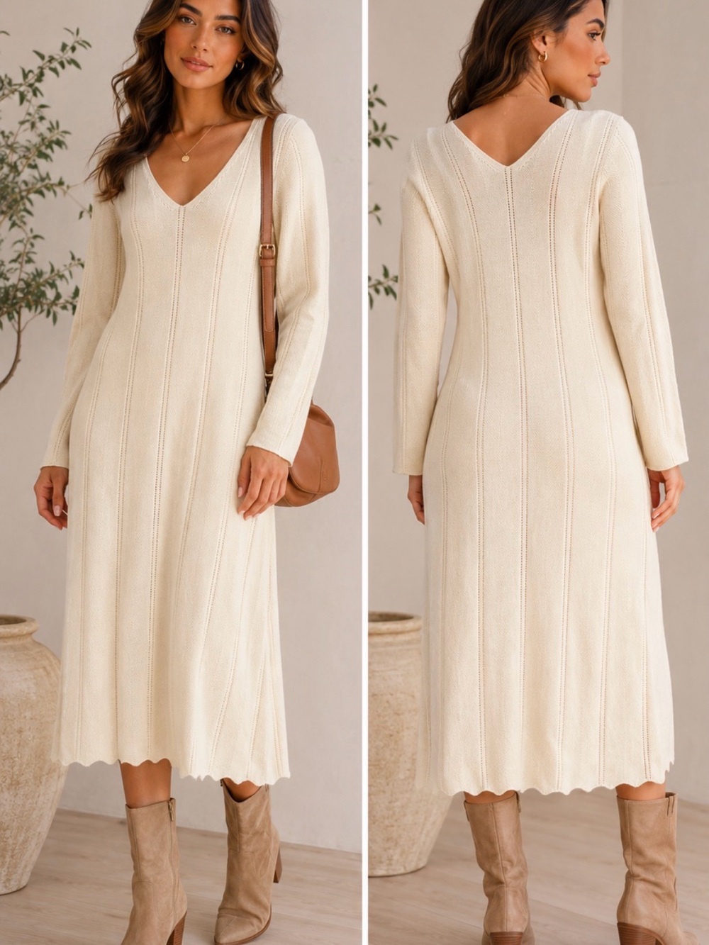 Saodimallsu Beige V Neck Knit Sweater Midi Dress NWT Size L